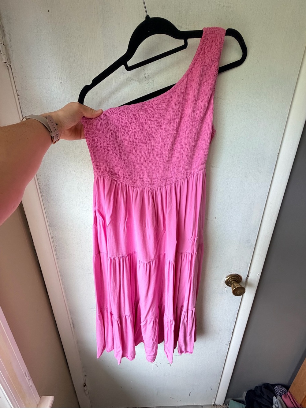 One-Shoulder Pink Tiered Dress with Smocked Bodice
